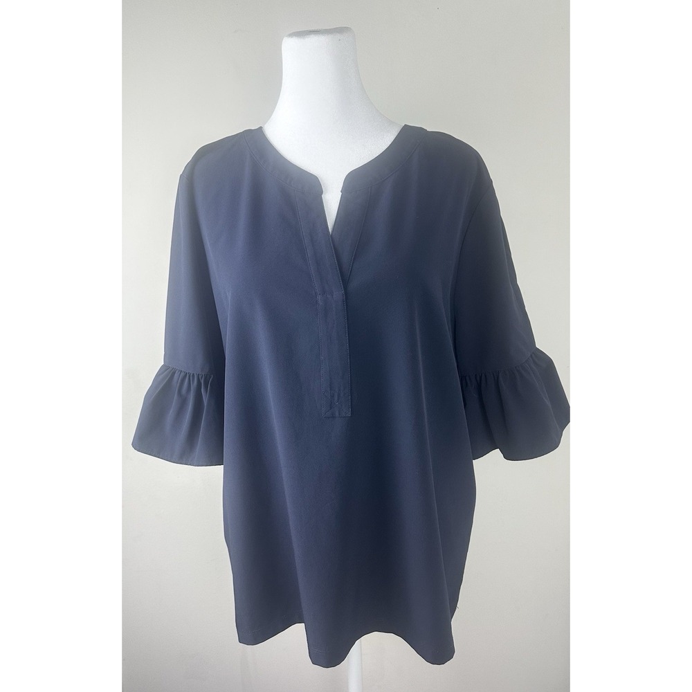 Chico's Navy Blue Split V-Neck 3/4 Flutter Sleeve-Sz US 12 (Chico's 2)